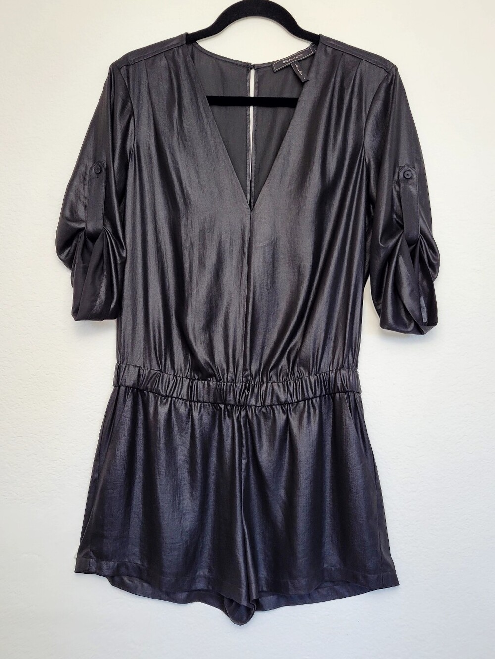 BCBGMAXAZRIA Black Faux Leather Look Surplice Romper Size S